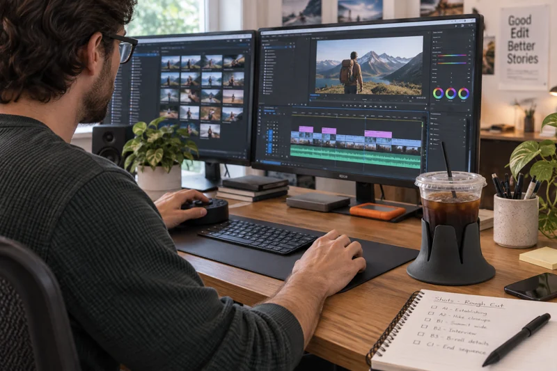 Video editor adjusting timeline at dual-monitor desk with clear iced-coffee cup with lid and straw in Steadi on clear actual editing desk corner outside mouse and dial travel. AI illustration.